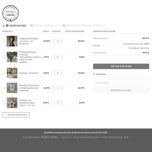 Warenkorb Ansicht im Maylins Vintage Online Shop